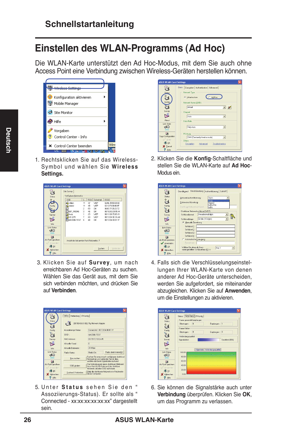 Einstellen des wlan-programms (ad hoc), Schnellstartanleitung | Asus WL-106gM User Manual | Page 27 / 106