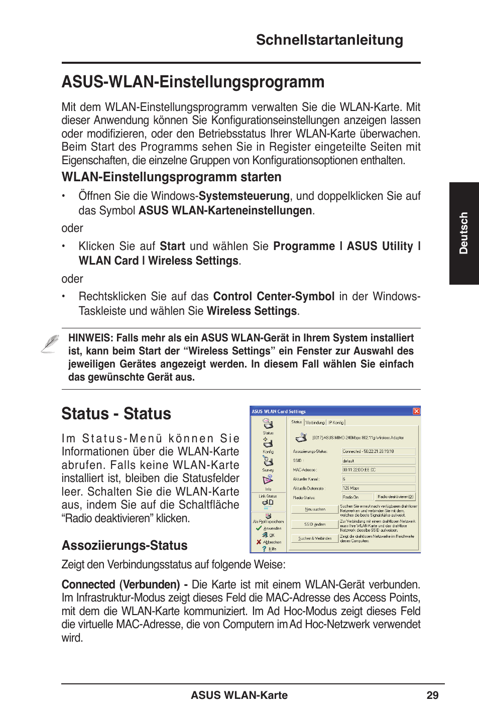 Status - status, Asus-wlan-einstellungsprogramm, Schnellstartanleitung | Asus WL-106gM User Manual | Page 30 / 106