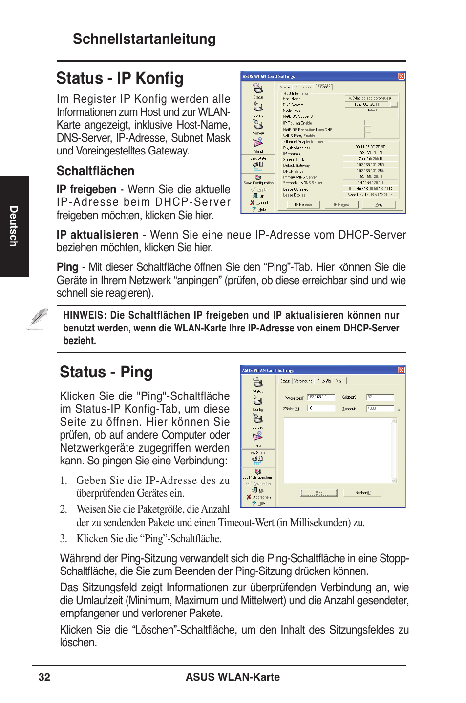 Status - ip konfig, Status - ping, Schnellstartanleitung | Asus WL-106gM User Manual | Page 33 / 106