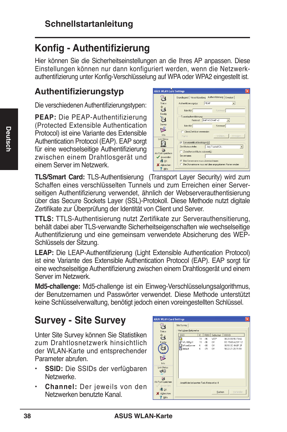 Survey - site survey, Konfig - authentifizierung, Schnellstartanleitung | Authentifizierungstyp | Asus WL-106gM User Manual | Page 39 / 106