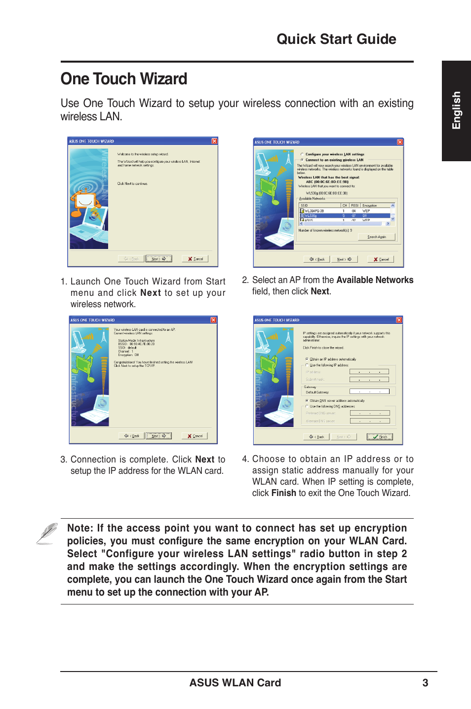 One touch wizard, Quick start guide | Asus WL-106gM User Manual | Page 4 / 106