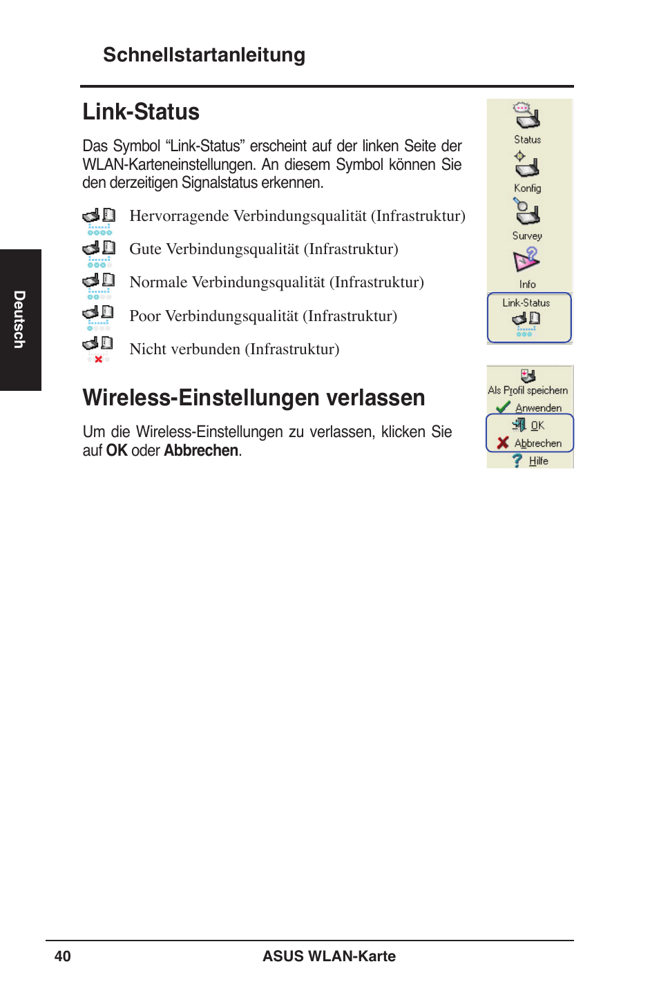 Link-status, Wireless-einstellungen verlassen | Asus WL-106gM User Manual | Page 41 / 106