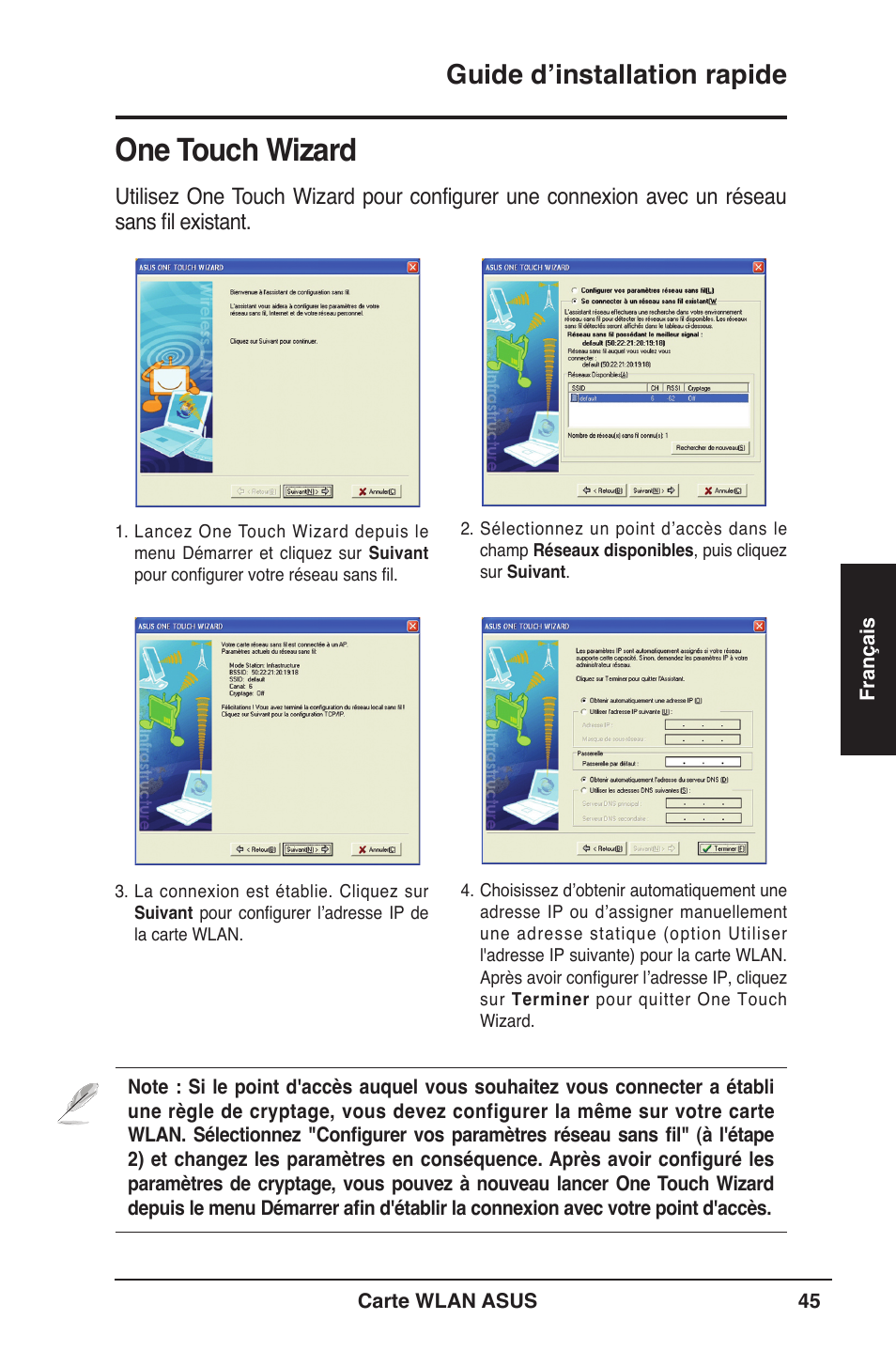 One touch wizard, Guide d’installation rapide | Asus WL-106gM User Manual | Page 46 / 106