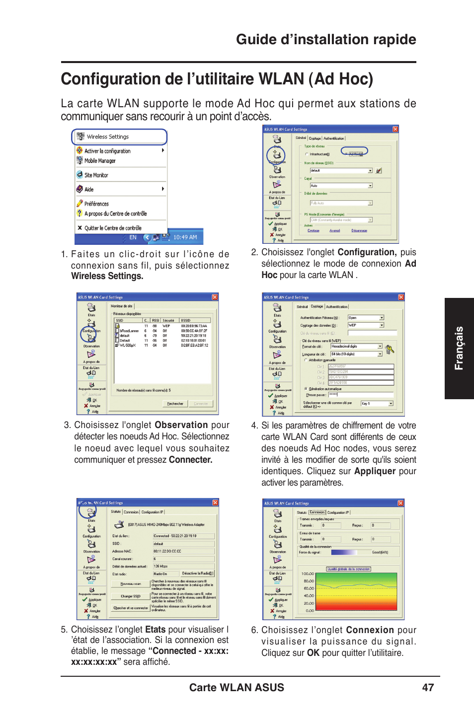 Configuration de l’utilitaire wlan (ad hoc), Guide d’installation rapide | Asus WL-106gM User Manual | Page 48 / 106