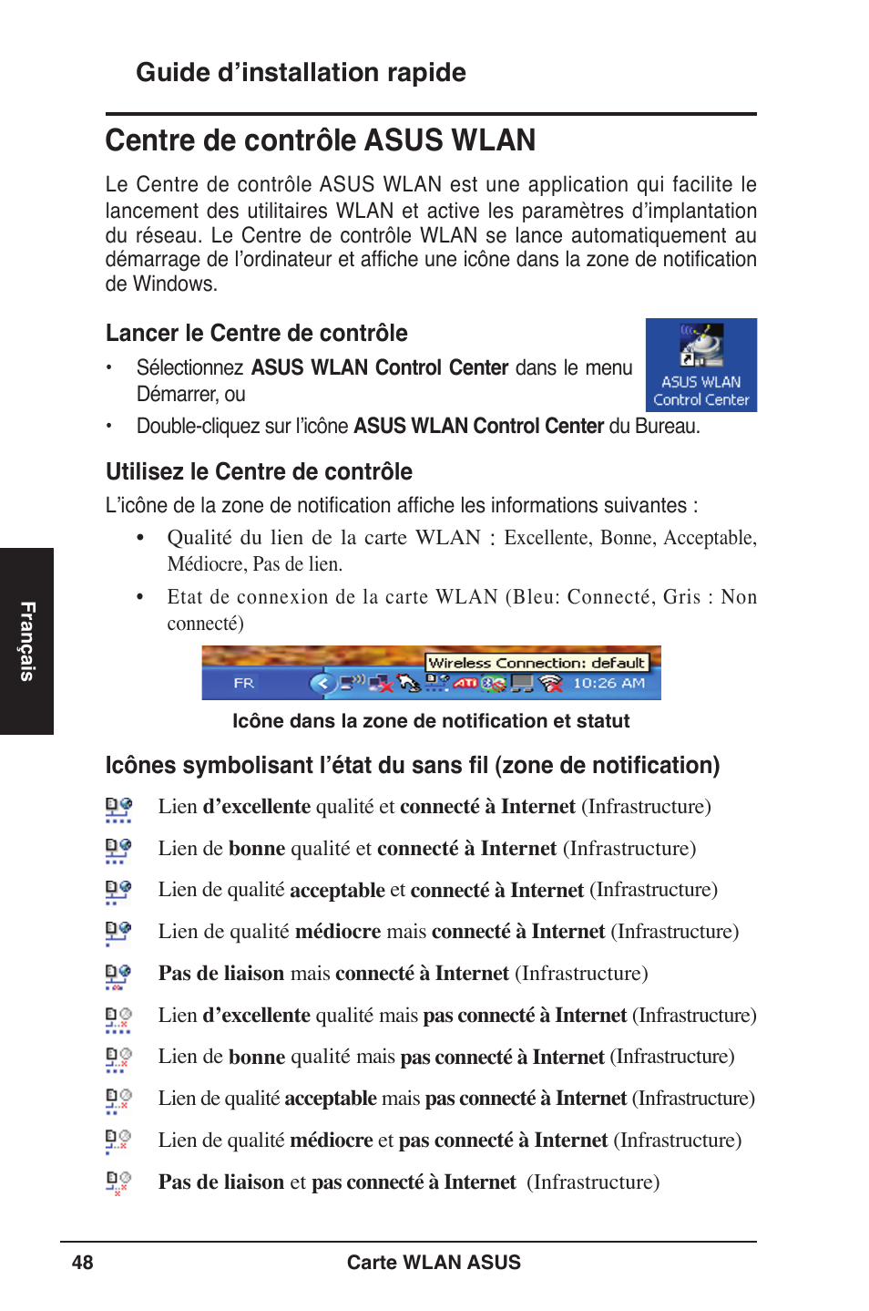 Centre de contrôle asus wlan, Guide d’installation rapide | Asus WL-106gM User Manual | Page 49 / 106