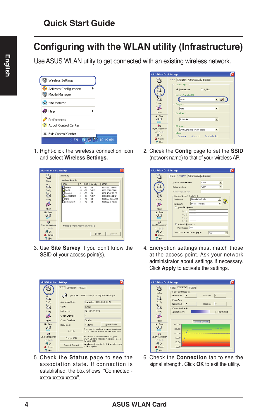 Configuring with the wlan utility (infrastructure), Quick start guide | Asus WL-106gM User Manual | Page 5 / 106