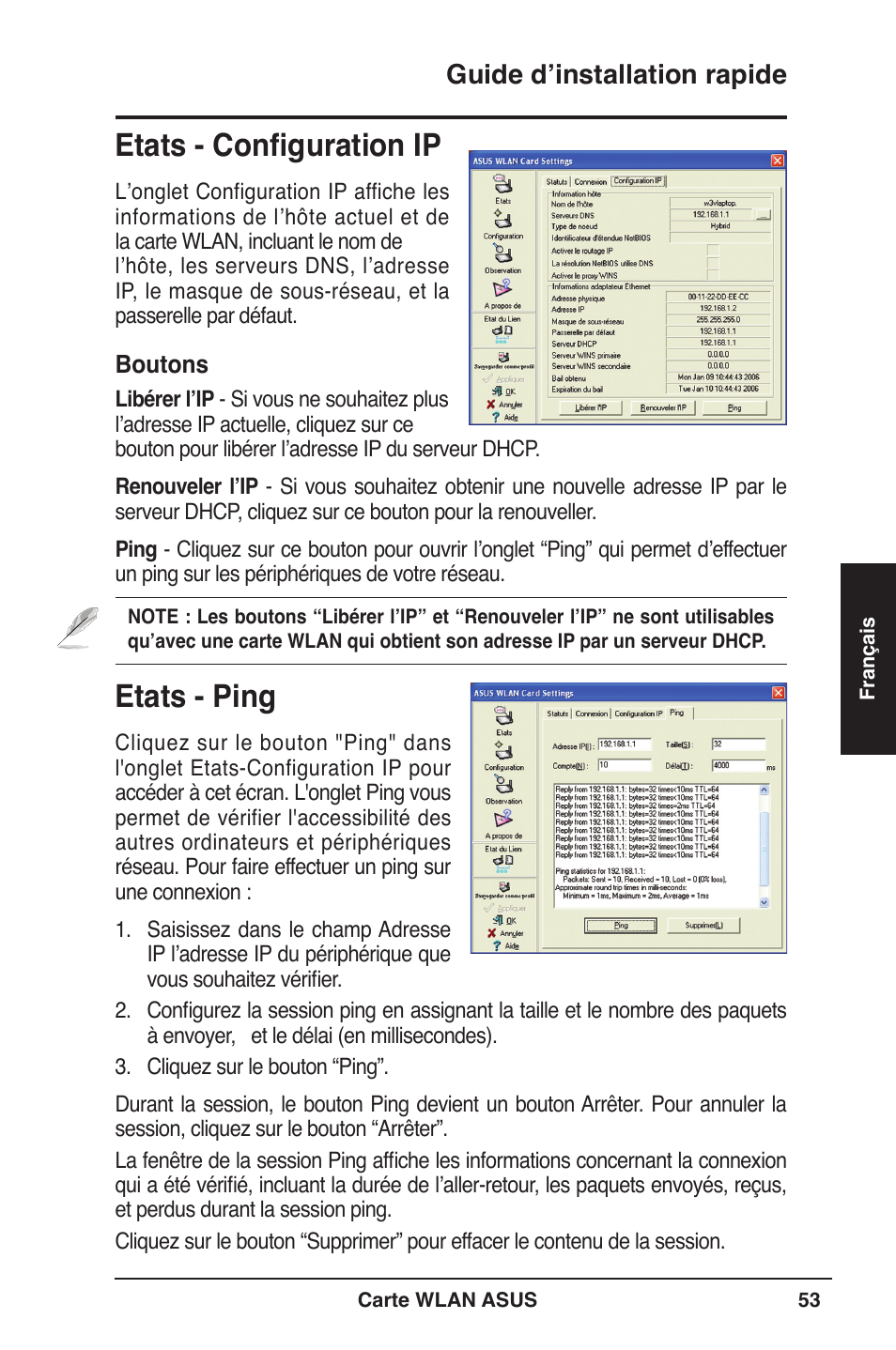 Etats - configuration ip, Etats - ping, Guide d’installation rapide | Asus WL-106gM User Manual | Page 54 / 106