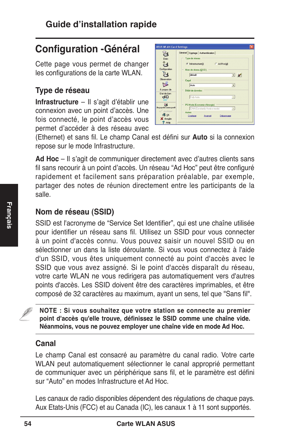 Configuration -général, Guide d’installation rapide | Asus WL-106gM User Manual | Page 55 / 106