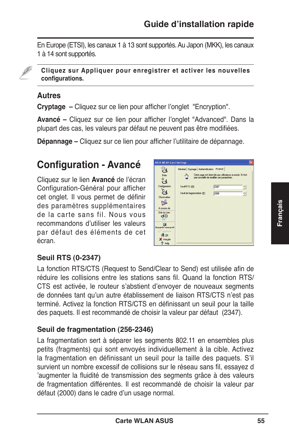 Configuration - avancé, Guide d’installation rapide | Asus WL-106gM User Manual | Page 56 / 106