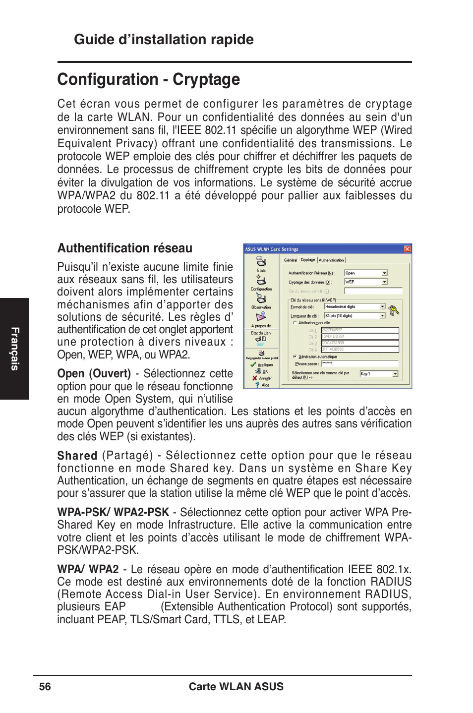 Configuration - cryptage, Guide d’installation rapide | Asus WL-106gM User Manual | Page 57 / 106