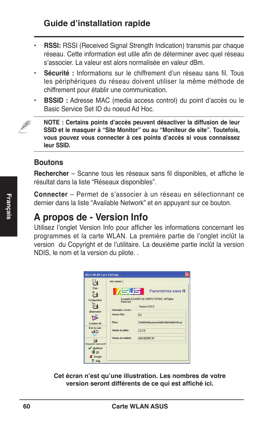 A propos de - version info, Guide d’installation rapide | Asus WL-106gM User Manual | Page 61 / 106