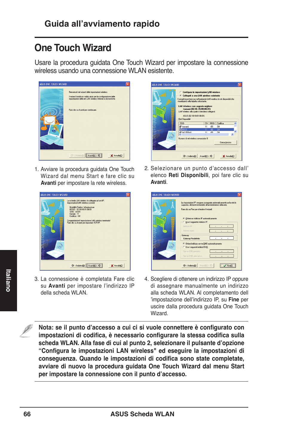 One touch wizard, Guida all’avviamento rapido | Asus WL-106gM User Manual | Page 67 / 106