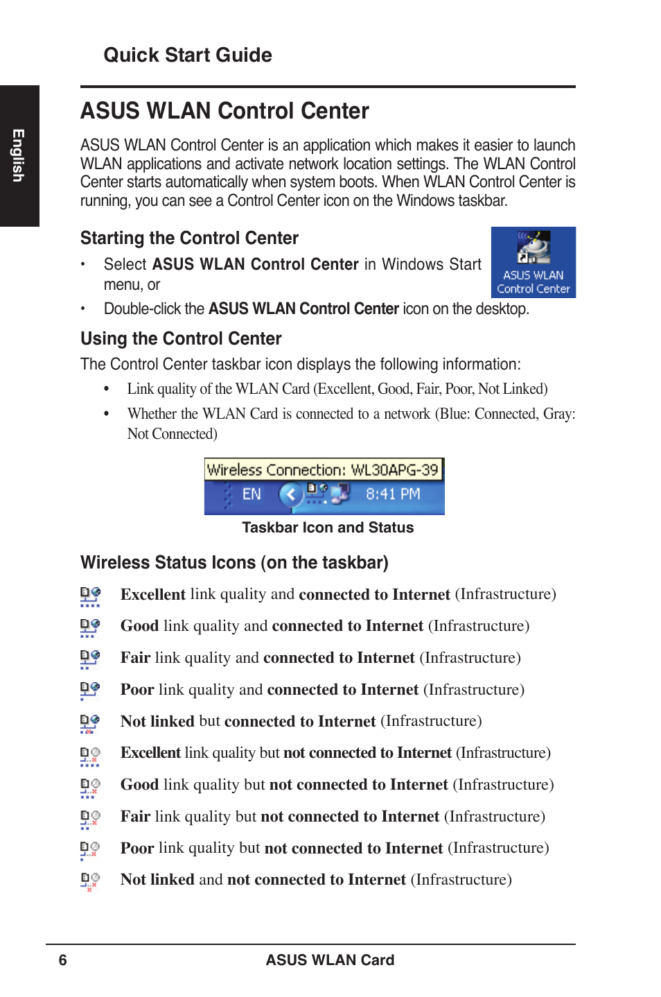 Asus wlan control center, Quick start guide | Asus WL-106gM User Manual | Page 7 / 106