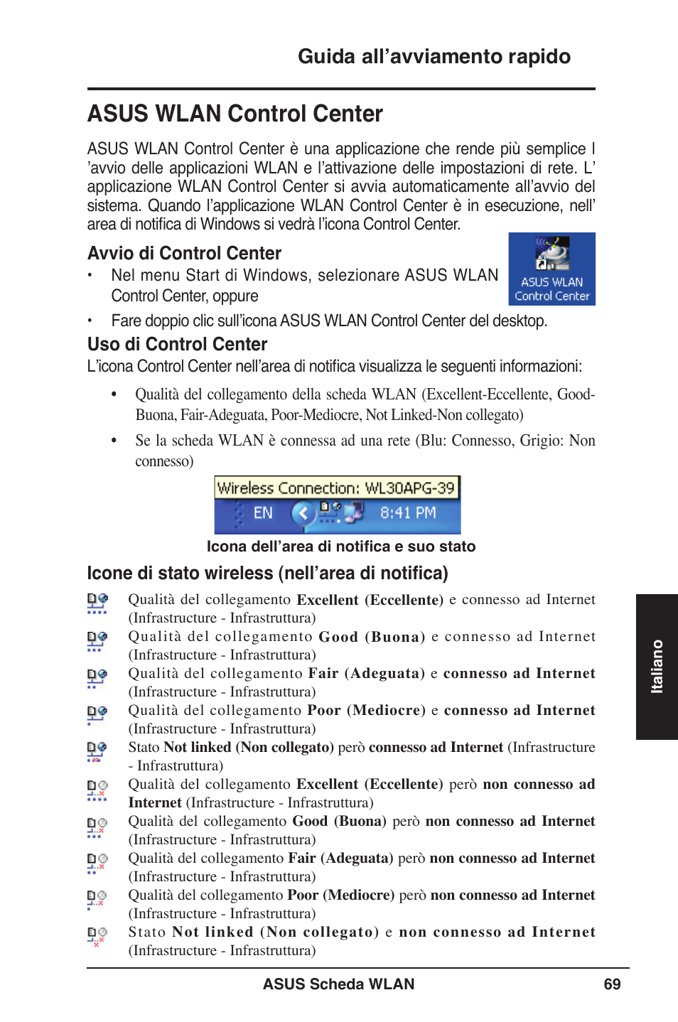 Asus wlan control center, Guida all’avviamento rapido | Asus WL-106gM User Manual | Page 70 / 106