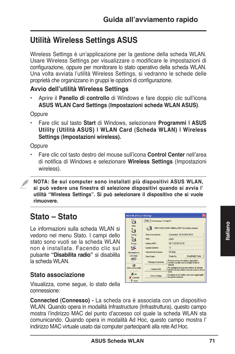 Stato – stato, Utilità wireless settings asus, Guida all’avviamento rapido | Asus WL-106gM User Manual | Page 72 / 106