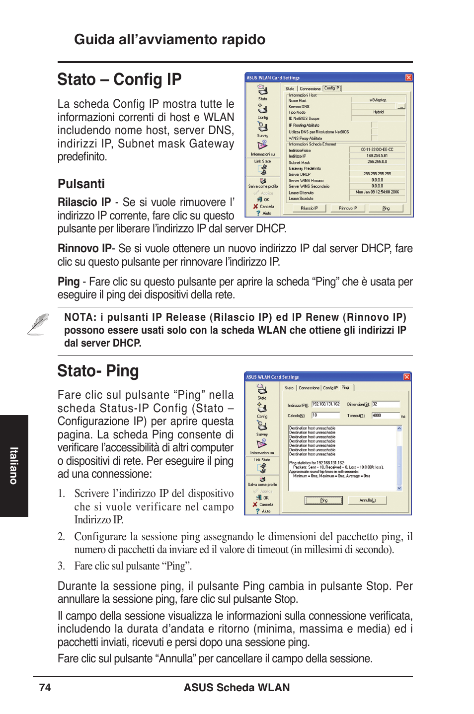 Stato – config ip, Stato- ping, Guida all’avviamento rapido | Asus WL-106gM User Manual | Page 75 / 106