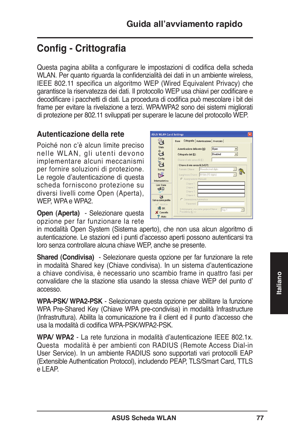 Config - crittografia, Guida all’avviamento rapido | Asus WL-106gM User Manual | Page 78 / 106