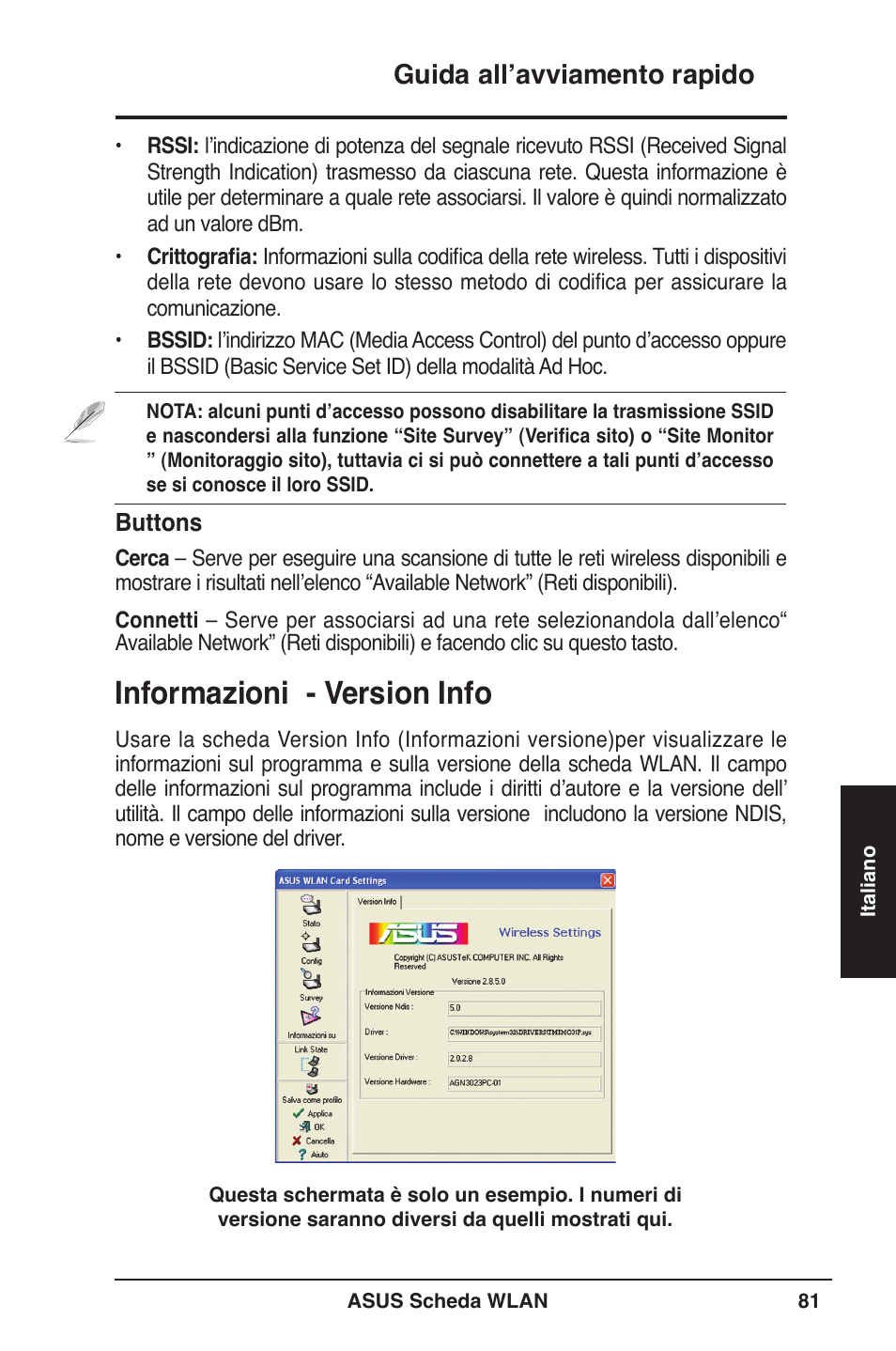 Informazioni - version info, Guida all’avviamento rapido | Asus WL-106gM User Manual | Page 82 / 106