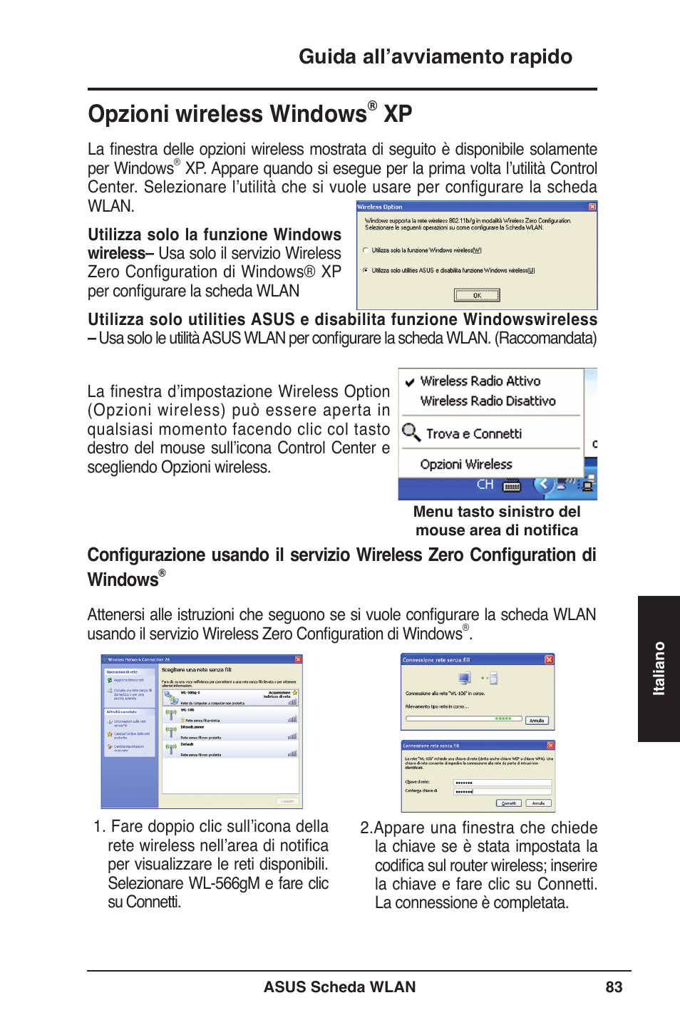 Opzioni wireless windows, Guida all’avviamento rapido | Asus WL-106gM User Manual | Page 84 / 106