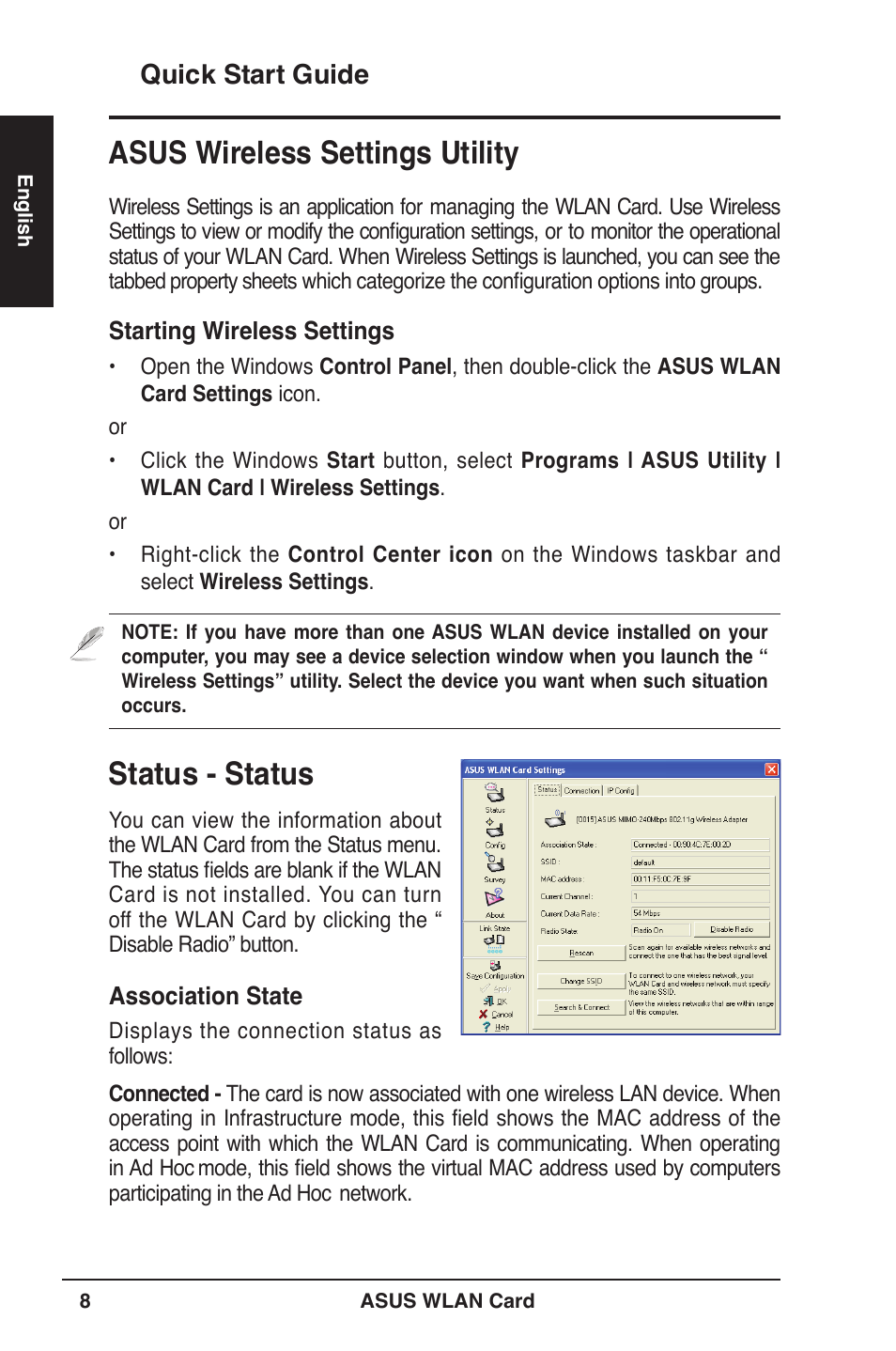 Status - status, Asus wireless settings utility, Quick start guide | Asus WL-106gM User Manual | Page 9 / 106