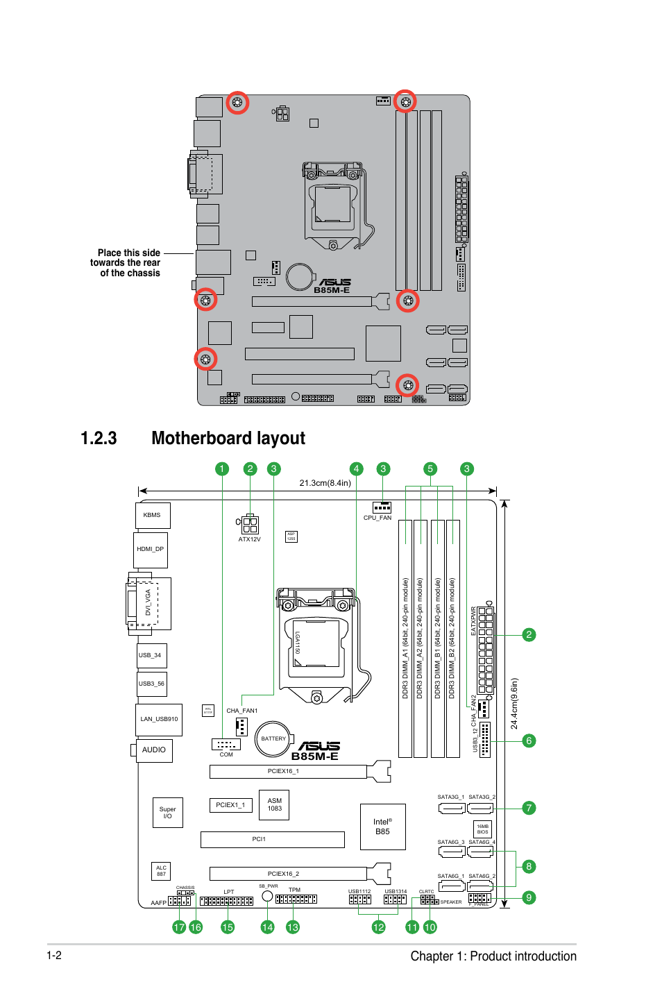 3 motherboard layout, Chapter 1: product introduction, Place this side towards the rear of the chassis | B85m-e | Asus B85M-E/BR User Manual | Page 10 / 75