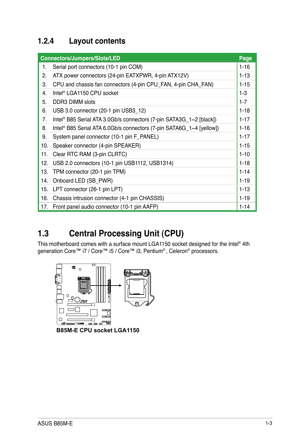 3 central processing unit (cpu), Central processing unit (cpu) -3, 4 layout contents | Asus B85M-E/BR User Manual | Page 11 / 75