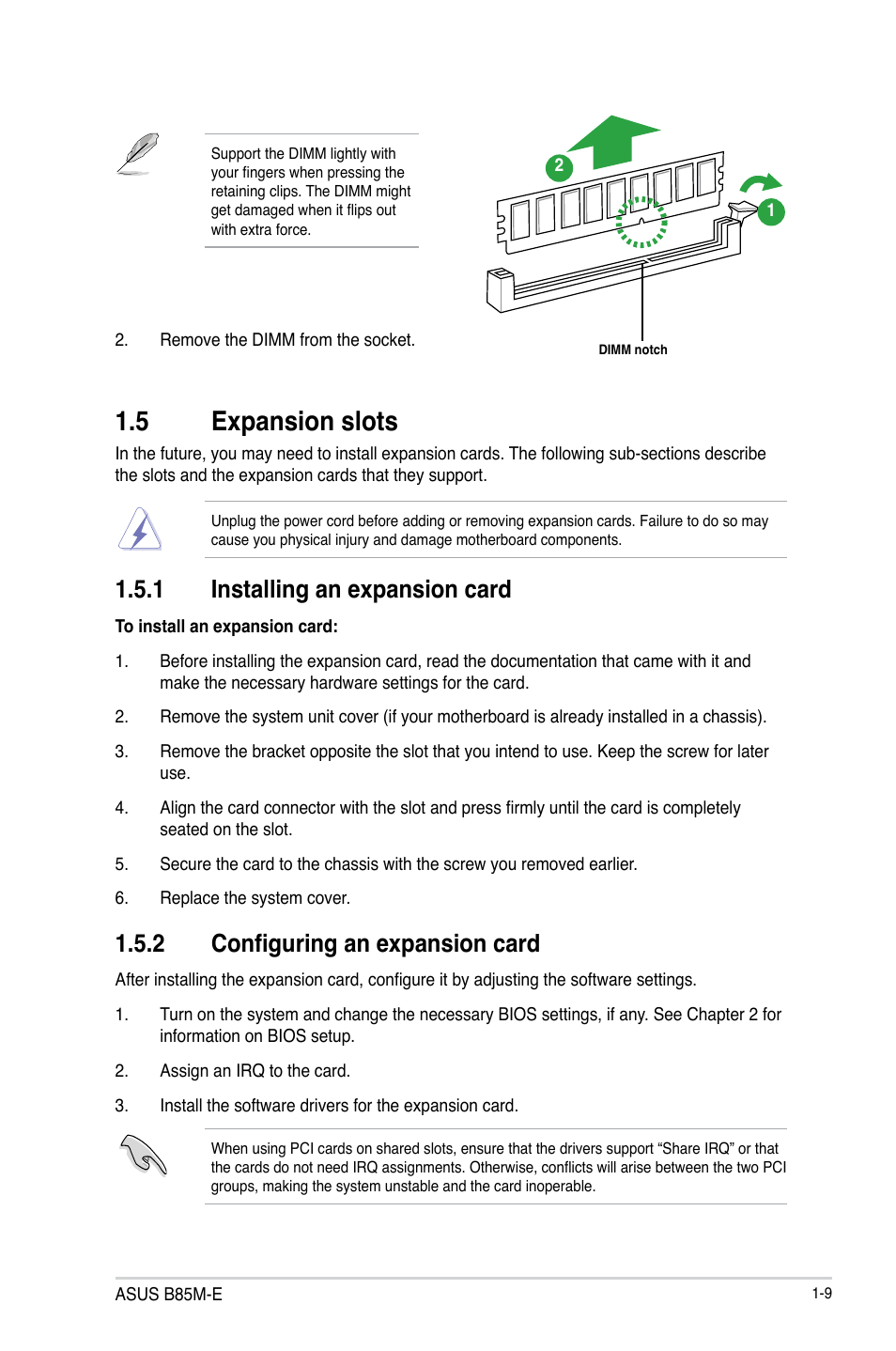 5 expansion slots, Expansion slots -9, 1 installing an expansion card | 2 configuring an expansion card | Asus B85M-E/BR User Manual | Page 17 / 75