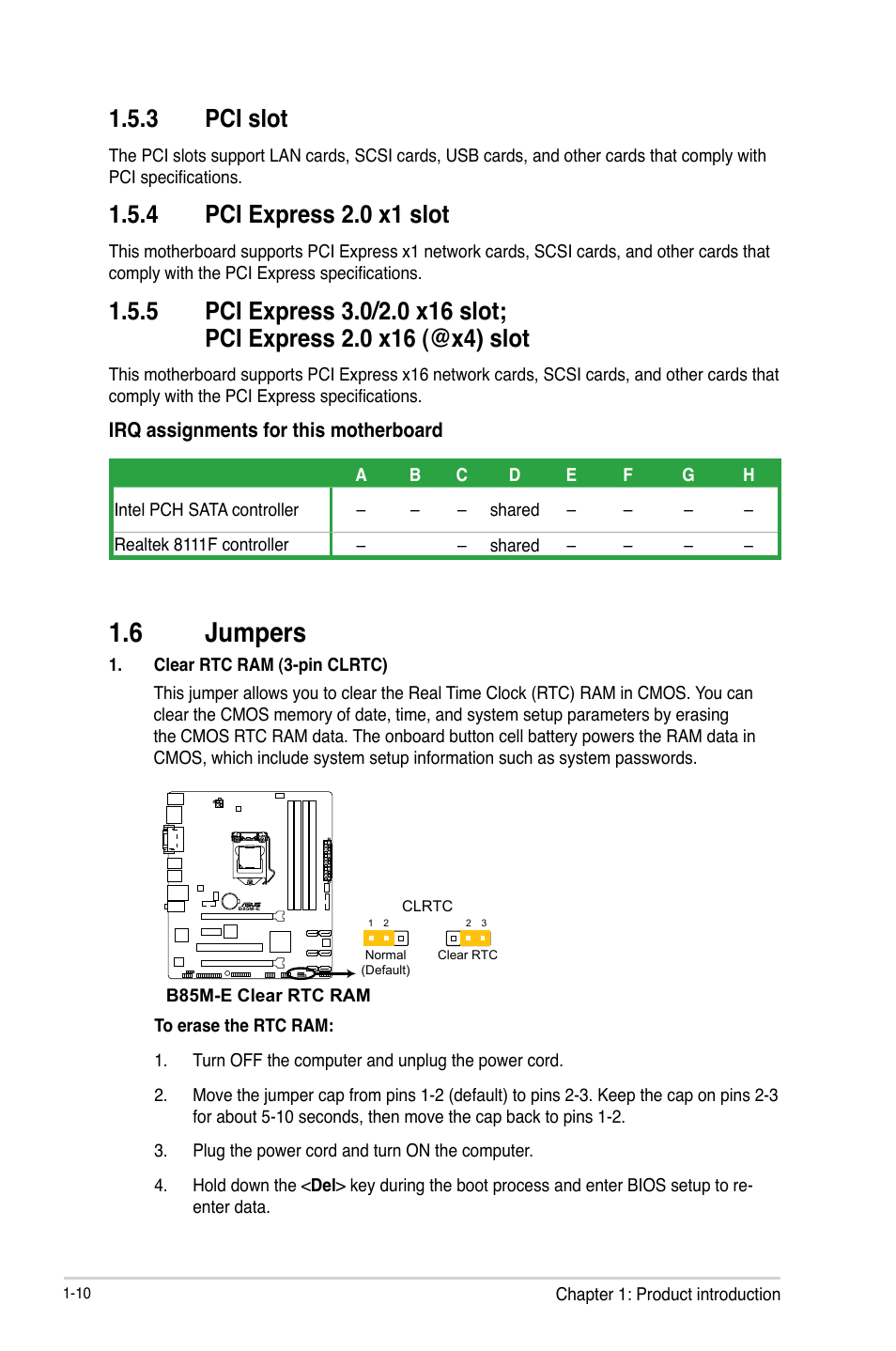 6 jumpers, Jumpers -10, 3 pci slot | 4 pci express 2.0 x1 slot | Asus B85M-E/BR User Manual | Page 18 / 75