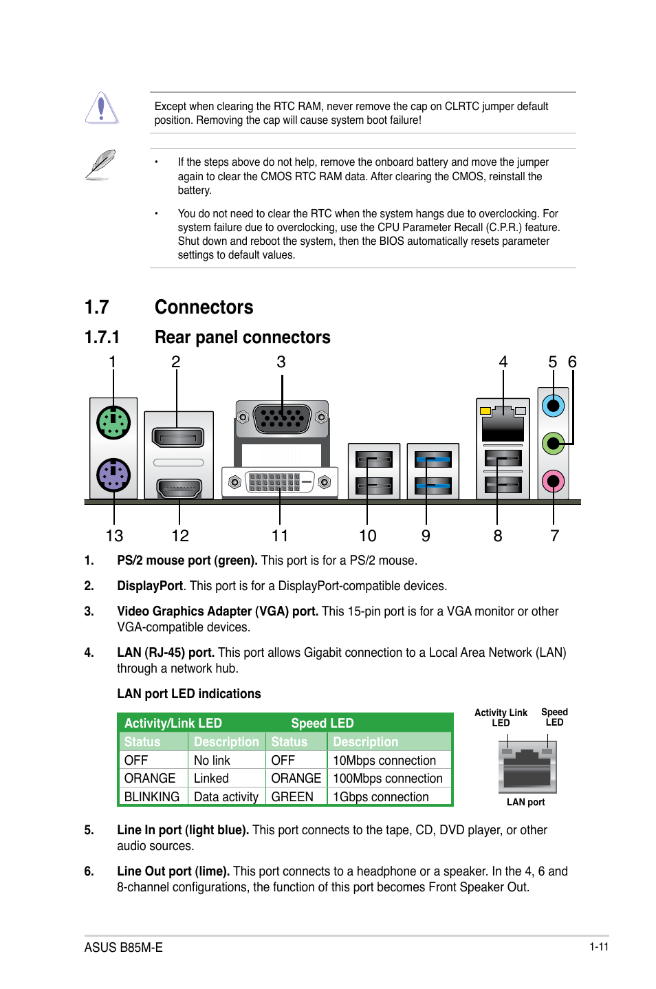 7 connectors, Connectors -11, 1 rear panel connectors | Asus B85M-E/BR User Manual | Page 19 / 75