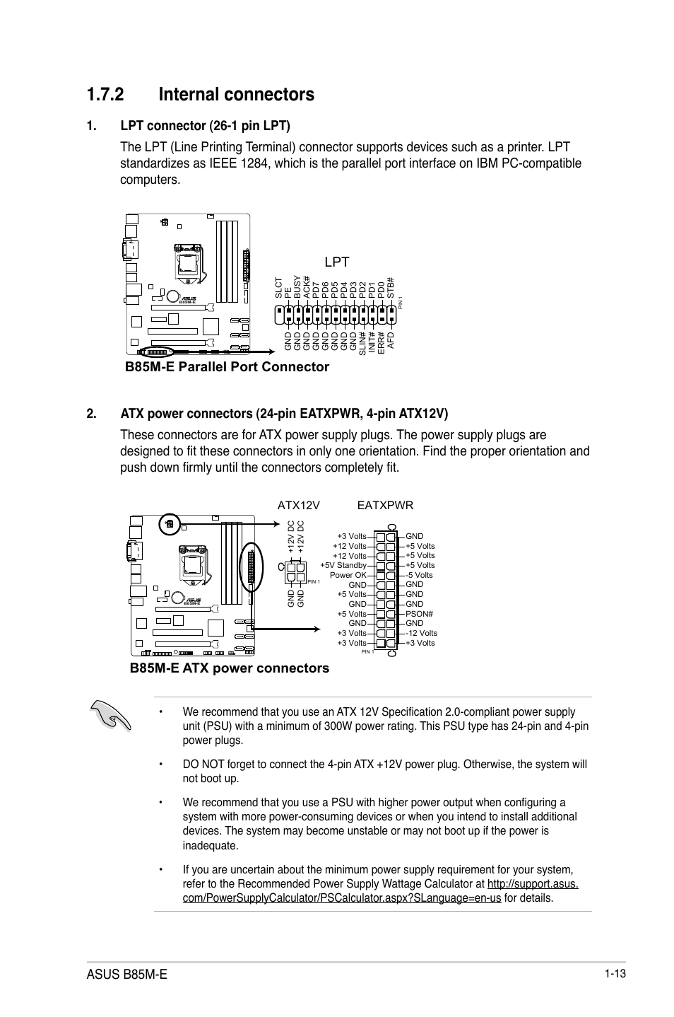 2 internal connectors, Asus b85m-e, B85m-e parallel port connector lpt | B85m-e atx power connectors | Asus B85M-E/BR User Manual | Page 21 / 75