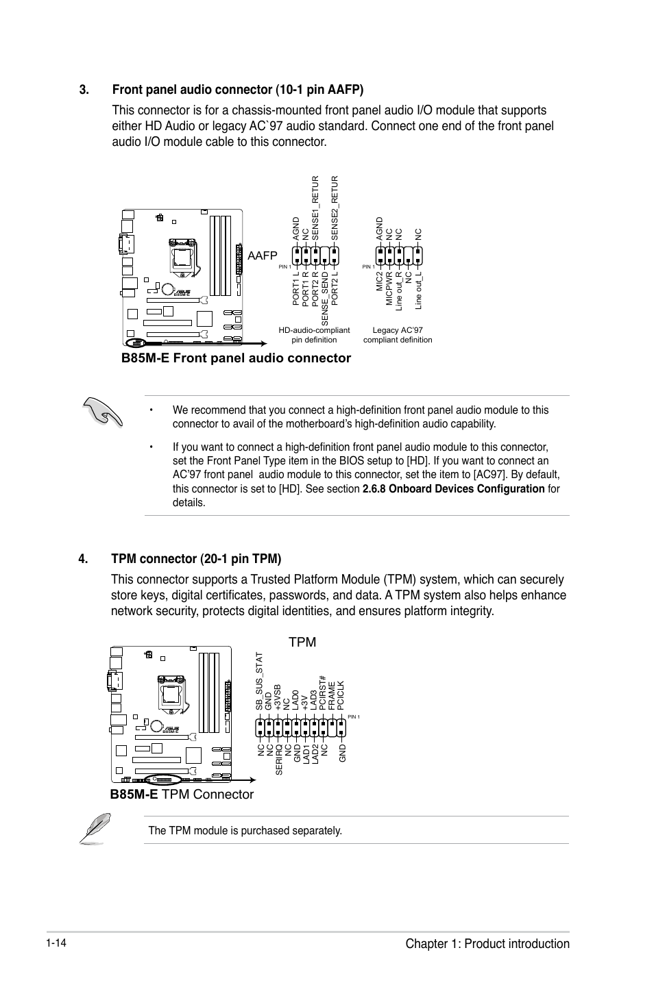 B85m-e front panel audio connector, B85m-e tpm connector | Asus B85M-E/BR User Manual | Page 22 / 75