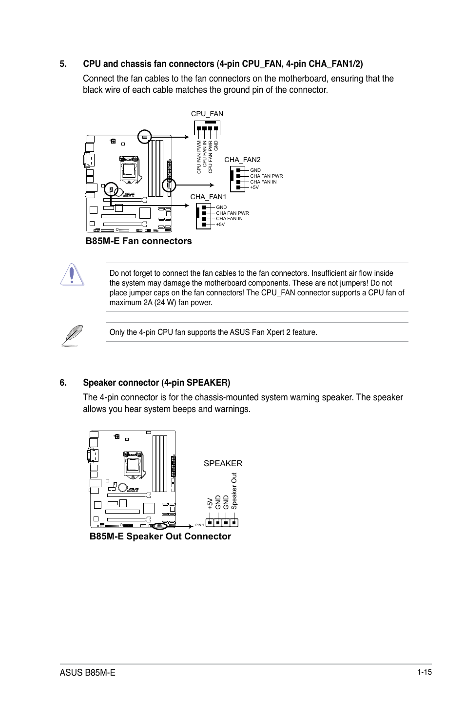 Asus b85m-e, B85m-e speaker out connector, B85m-e fan connectors | Asus B85M-E/BR User Manual | Page 23 / 75