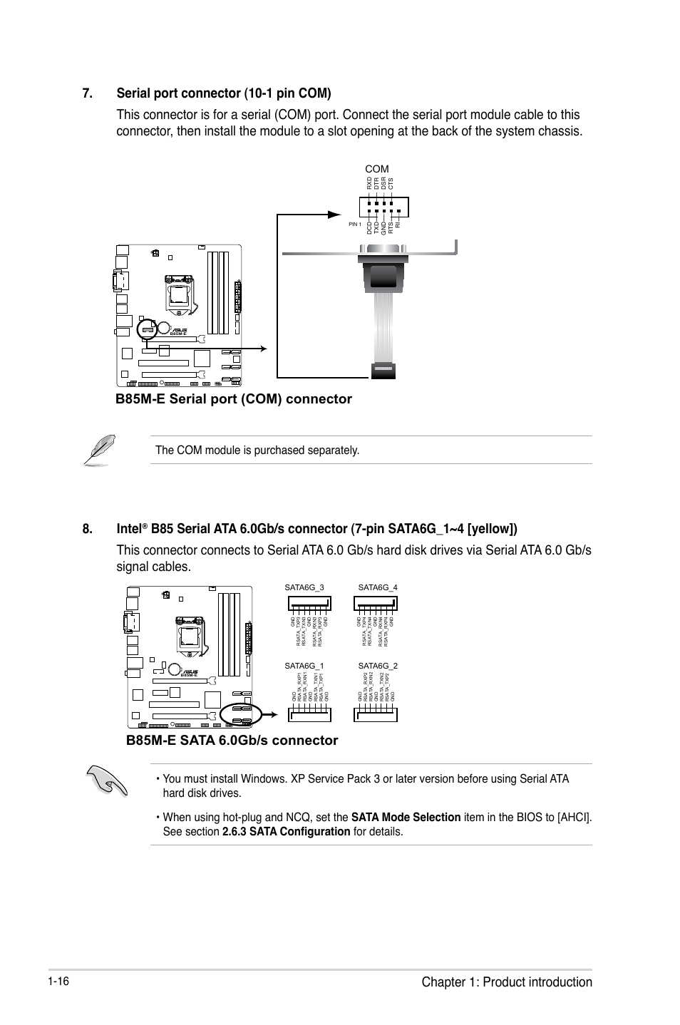 B85m-e serial port (com) connector, Intel, B85m-e sata 6.0gb/s connector | The com module is purchased separately | Asus B85M-E/BR User Manual | Page 24 / 75