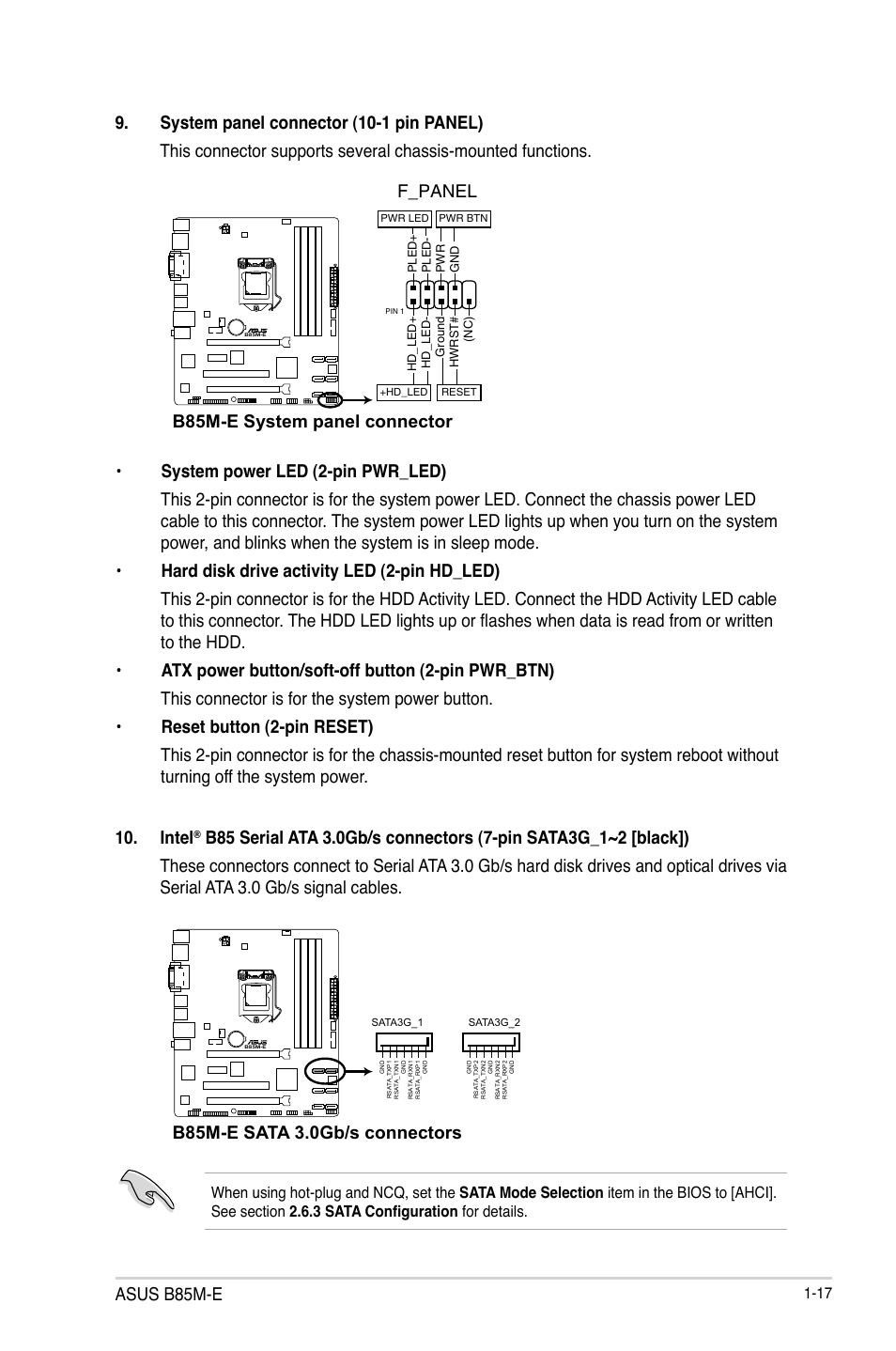 Asus b85m-e, F_panel, B85m-e system panel connector 10. intel | B85m-e sata 3.0gb/s connectors | Asus B85M-E/BR User Manual | Page 25 / 75