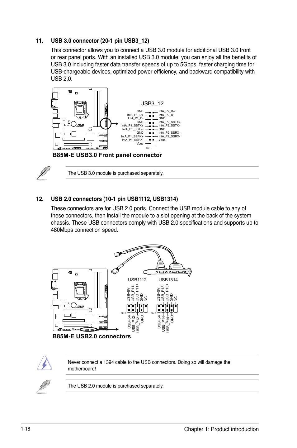 B85m-e usb3.0 front panel connector, B85m-e usb2.0 connectors, Usb3_12 | The usb 3.0 module is purchased separately | Asus B85M-E/BR User Manual | Page 26 / 75