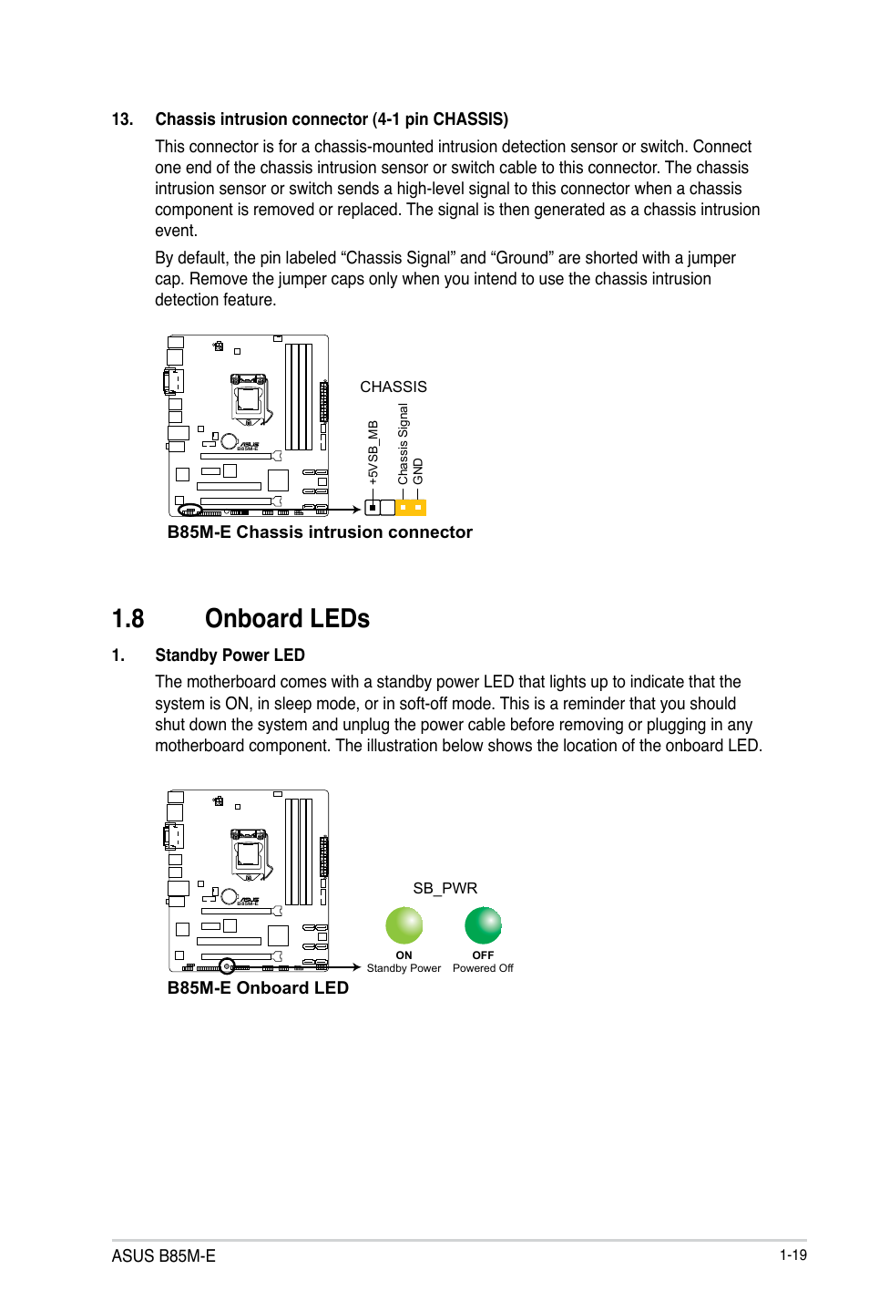 8 onboard leds, Onboard leds -19 | Asus B85M-E/BR User Manual | Page 27 / 75