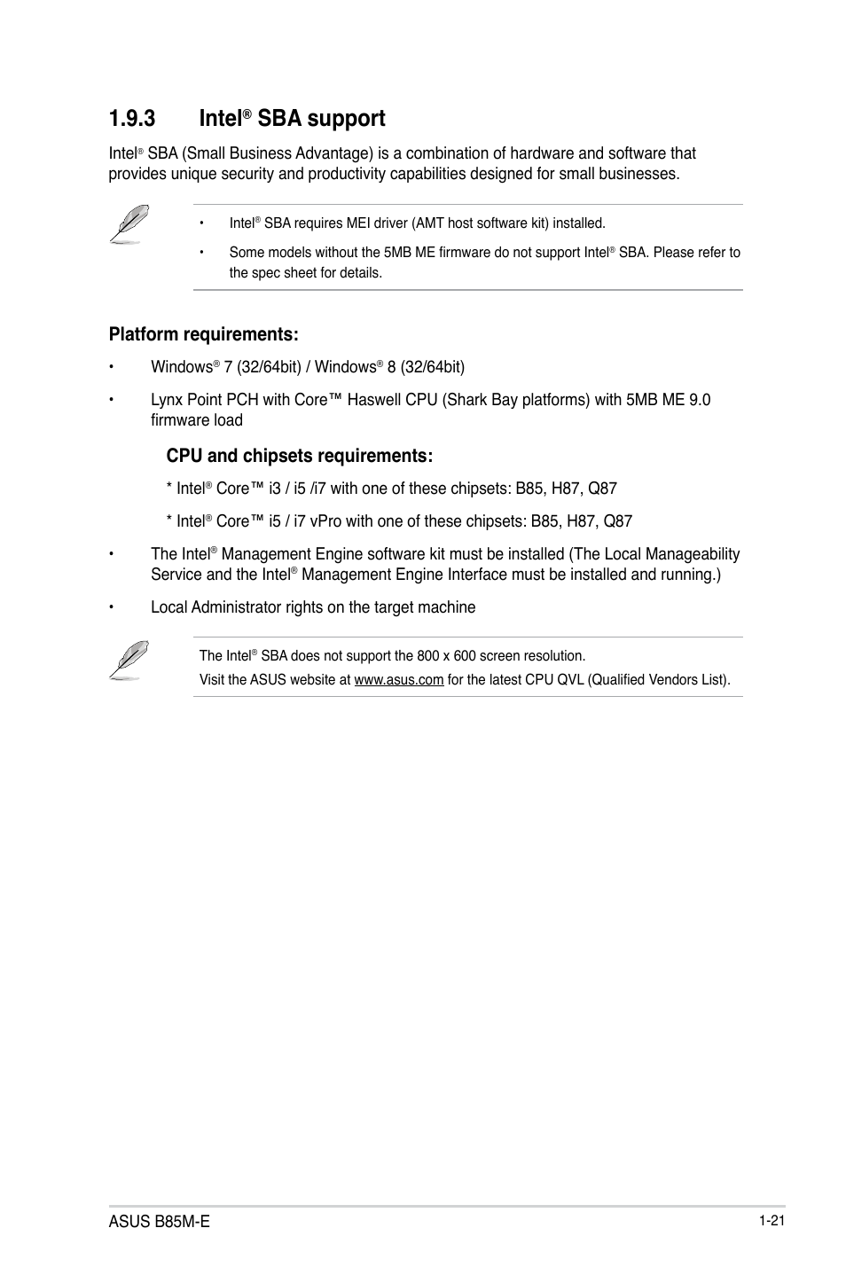 3 intel, Sba support, Platform requirements | Cpu and chipsets requirements | Asus B85M-E/BR User Manual | Page 29 / 75