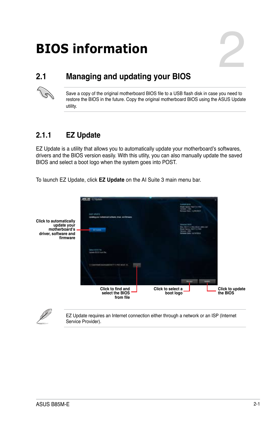 Bios information, 1 managing and updating your bios, Managing and updating your bios -1 | Asus B85M-E/BR User Manual | Page 30 / 75