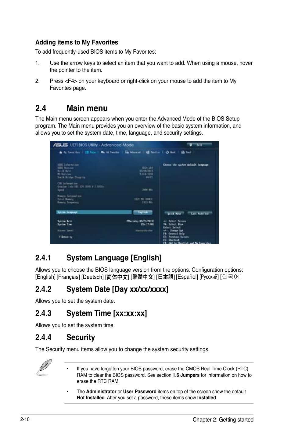 4 main menu, Main menu -10, 1 system language [english | 3 system time [xx:xx:xx, 4 security | Asus B85M-E/BR User Manual | Page 39 / 75