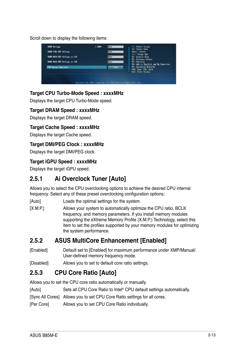 1 ai overclock tuner [auto, 2 asus multicore enhancement [enabled, 3 cpu core ratio [auto | Asus B85M-E/BR User Manual | Page 42 / 75