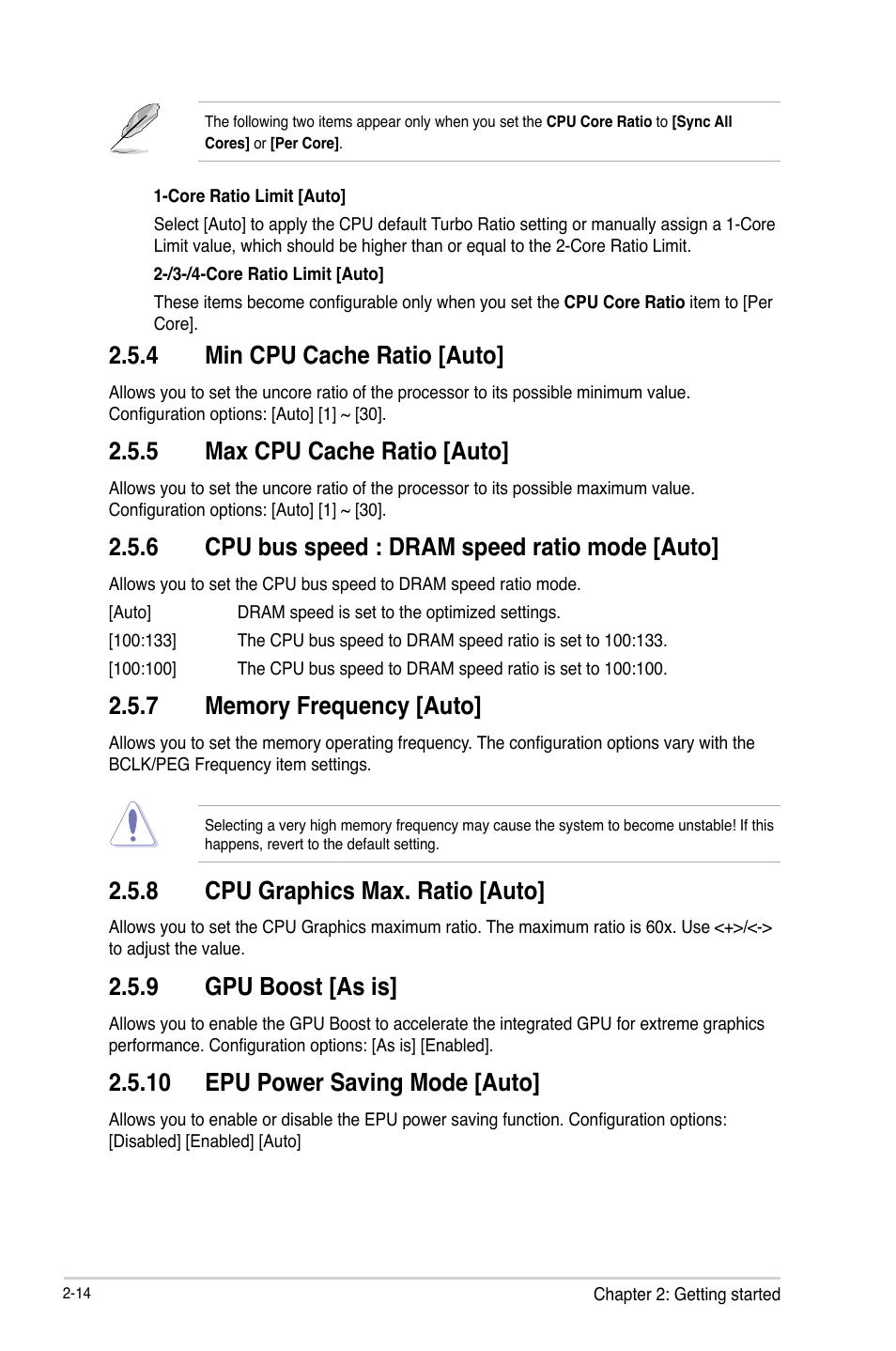 4 min cpu cache ratio [auto, 5 max cpu cache ratio [auto, 6 cpu bus speed : dram speed ratio mode [auto | 8 cpu graphics max. ratio [auto, 9 gpu boost [as is, 10 epu power saving mode [auto | Asus B85M-E/BR User Manual | Page 43 / 75