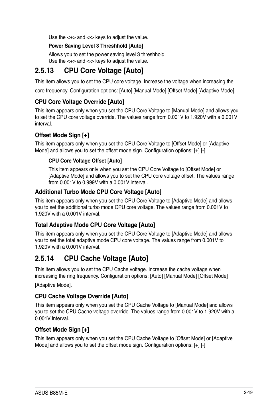 13 cpu core voltage [auto, 14 cpu cache voltage [auto | Asus B85M-E/BR User Manual | Page 48 / 75