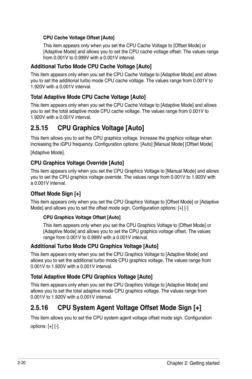 15 cpu graphics voltage [auto, 16 cpu system agent voltage offset mode sign | Asus B85M-E/BR User Manual | Page 49 / 75