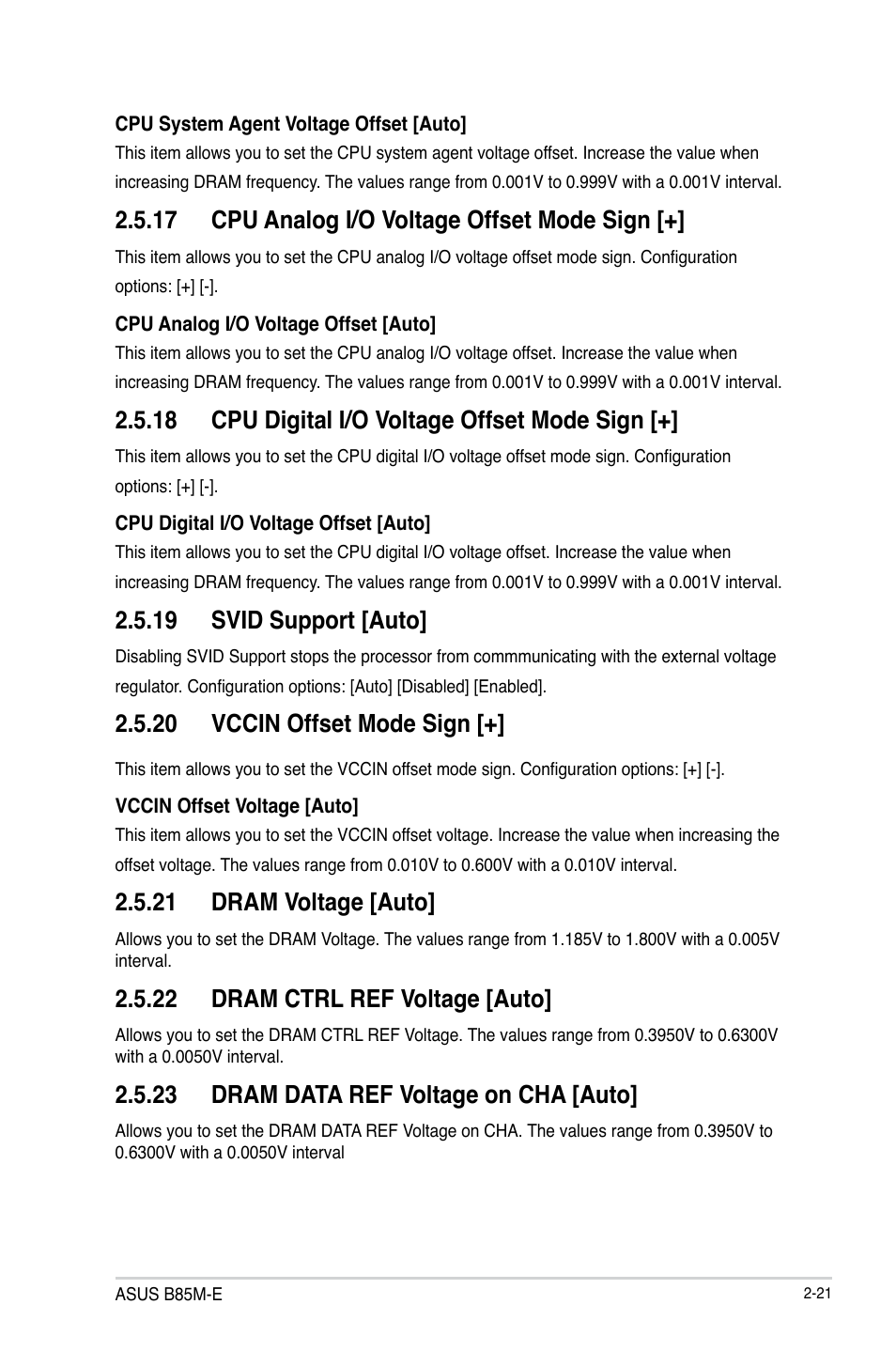 17 cpu analog i/o voltage offset mode sign, 18 cpu digital i/o voltage offset mode sign, 19 svid support [auto | 20 vccin offset mode sign, 21 dram voltage [auto, 22 dram ctrl ref voltage [auto, 23 dram data ref voltage on cha [auto | Asus B85M-E/BR User Manual | Page 50 / 75