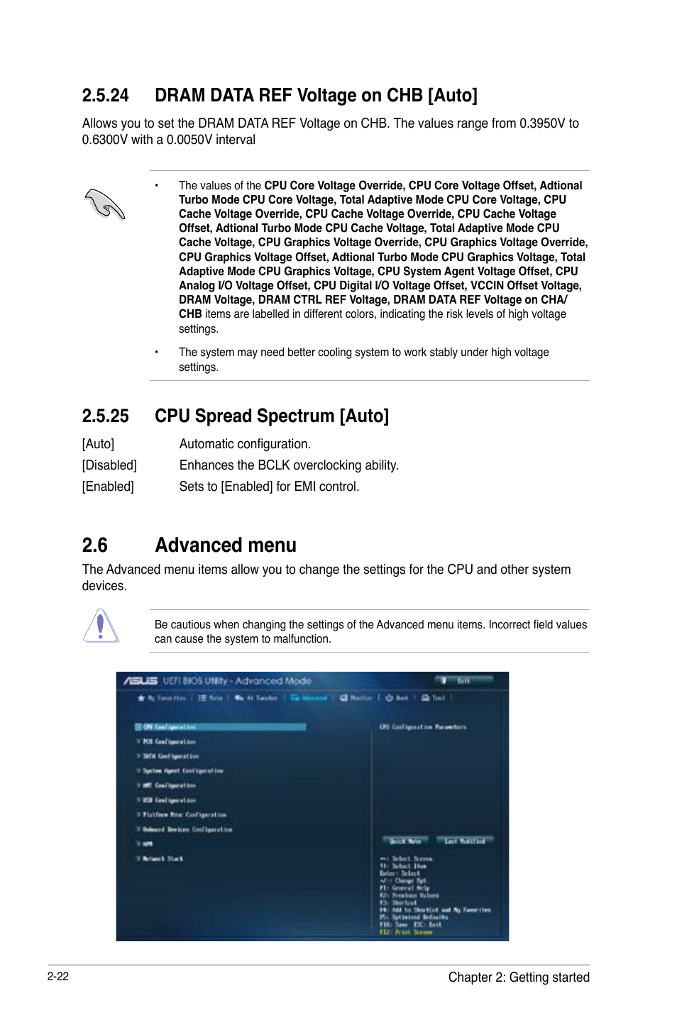 6 advanced menu, Advanced menu -22, 24 dram data ref voltage on chb [auto | 25 cpu spread spectrum [auto | Asus B85M-E/BR User Manual | Page 51 / 75