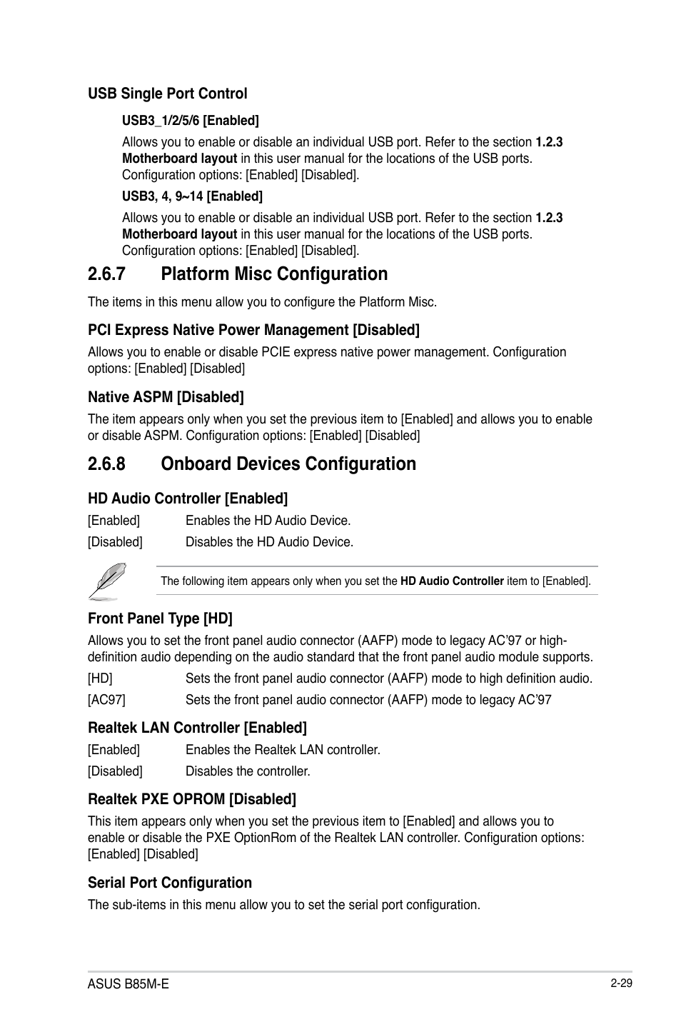 7 platform misc configuration, 8 onboard devices configuration | Asus B85M-E/BR User Manual | Page 58 / 75