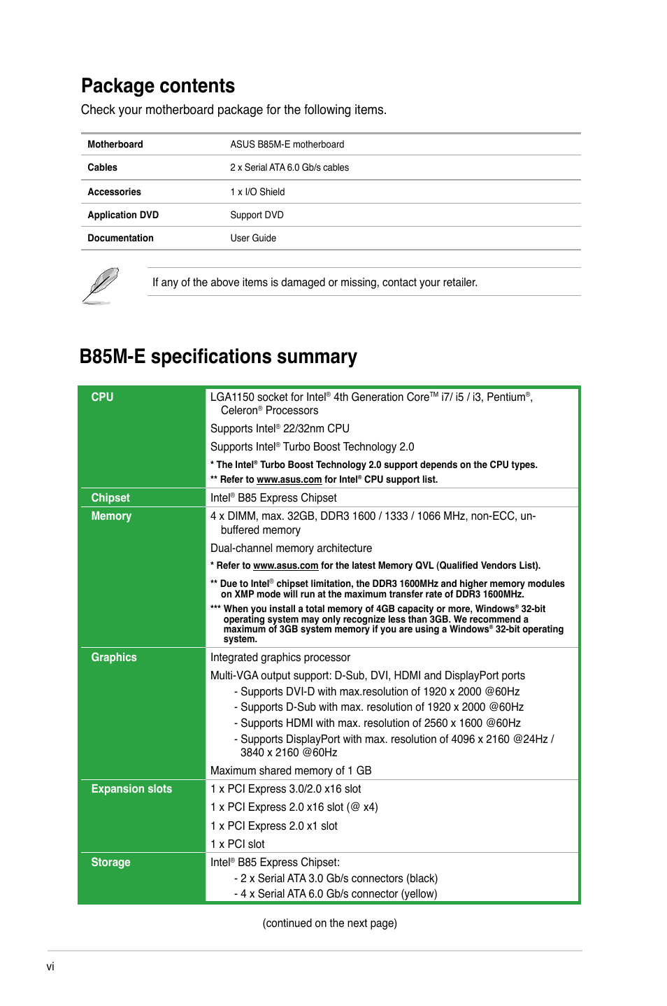 Package contents, B85m-e specifications summary | Asus B85M-E/BR User Manual | Page 6 / 75