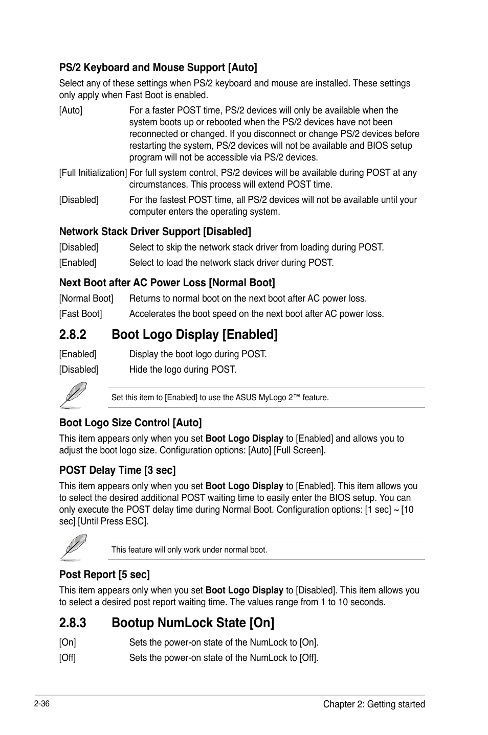 2 boot logo display [enabled, 3 bootup numlock state [on | Asus B85M-E/BR User Manual | Page 65 / 75