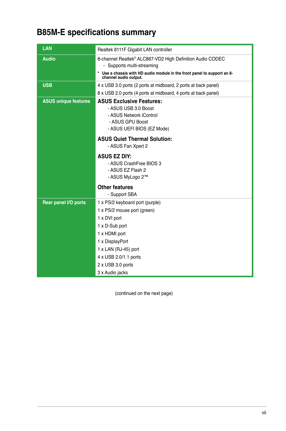 B85m-e specifications summary | Asus B85M-E/BR User Manual | Page 7 / 75