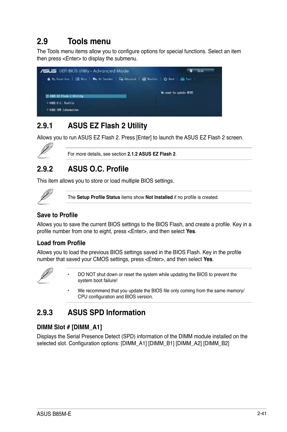 9 tools menu, Tools menu -41, 3 asus spd information | 1 asus ez flash 2 utility, 2 asus o.c. profile | Asus B85M-E/BR User Manual | Page 70 / 75